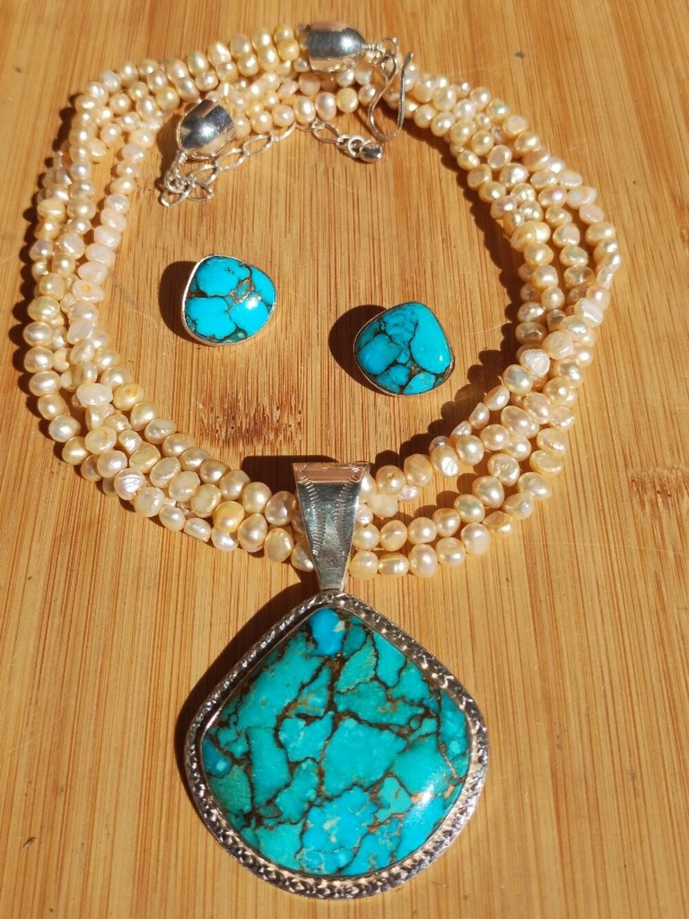 Jay King DTR freshwater pearl necklace turquoise pendant earrings 925 Sterling S
